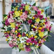 Yellow, pink, white wreath 